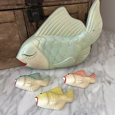 Vintage Fish Family Chalkware Wall Plaque Set Of 4 Miller Studio ~ MCM • $39