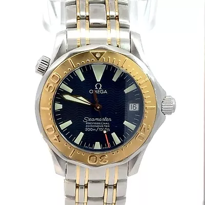 Omega SeaMaster 2455.80.00 18K Gold Bezel Auto Blue Dial Men's Watch • $4250