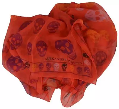 New Alexander McQueen $365 496827 Red Purple BOX SKULL Silk Chiffon Scarf • $148.47