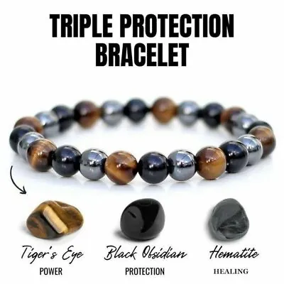 $2.99 • Buy Obsidian Tiger Eye Hematite Bracelet Triple Protection Bangle Women Men Jewelry