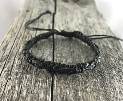 Black Waxed Cotton And Leather Bracelet Anklet Wristband Mens Womens Kids Beach • £3.38