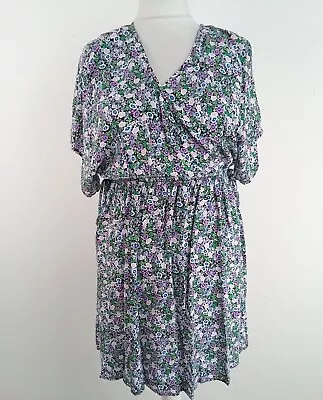 M&S Green Pink Blue White Floral V Neck Elastic Waist Short Dress New F2 • £5.99