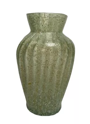 Vintage Dugan Art Glass Pinched Vase 6” Frit Stripe Splatter Hyacinth Aqua Green • $72.99