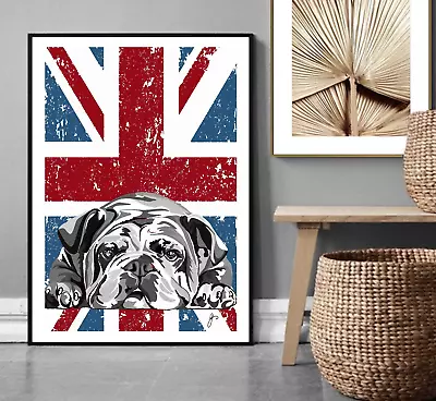 English Bulldog Print Wall Art Deco British Bulldog Poster Union Jack Pet Portra • £17.70