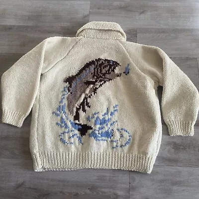 Vintage Cowichan Ivory Zip Sweater With Liner Hand Knit Fish Size L-XL 48” • $279.95