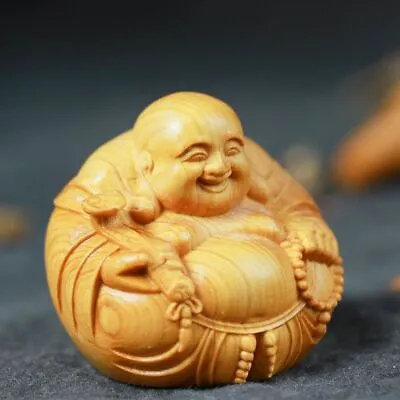 Woodcarving Mini Desktop Ornaments Maitreya Buddha Wooden Laughing Buddha Craft • £6.43