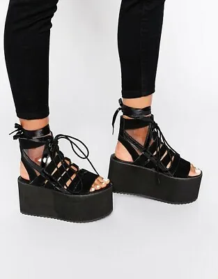 Y.R.U. Medusa Lo Black Platform Open Toe Shoe U.K. Size 9 • £50