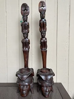 2 Vintage Central American Mayan Wood Sculpture BUST Head Hand Carved Statue • $129.99