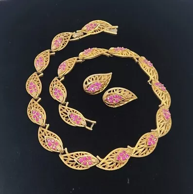 Corocraft Coro Gold Tone Pink Rhinestone Necklace & Clip Earrings Vintage Set • $39.99