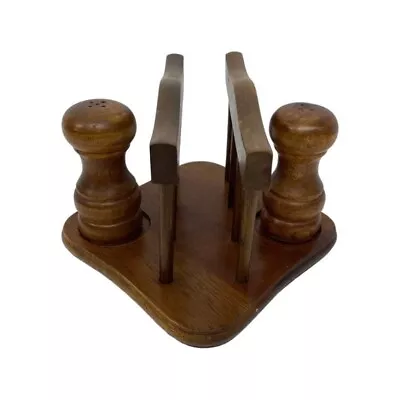 Wooden Salt & Pepper Shakers Napkin Holder Caddy Set Vintage Farmhouse Kitchen • £30.39