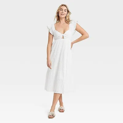 Women's Flutter Short Sleeve Midi A-Line Dress - Universal Thread White M • $14.99