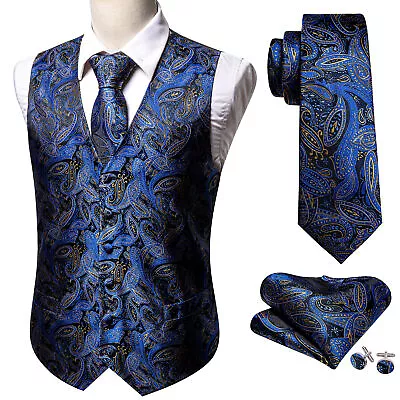 Mens Black Blue Red Paisley Dress Vest Neck Tie Hankie Set Suit Tuxedo Waistcoat • $15.99