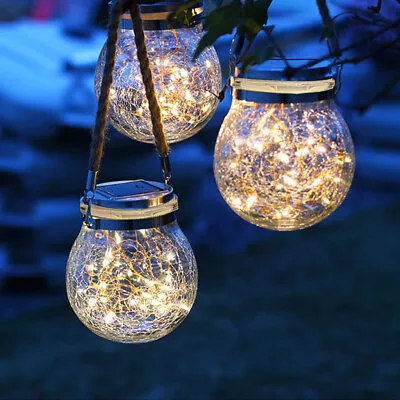 Solar Power LED Crackle Ball Lantern Hanging Outdoor Garden Lamp Light Yard Deco • £9.95