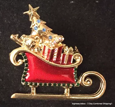 Vintage Brooch Pin SIGNED MONET Christmas Sleigh Rhinestone Gold Tone Lot Y • $1.99
