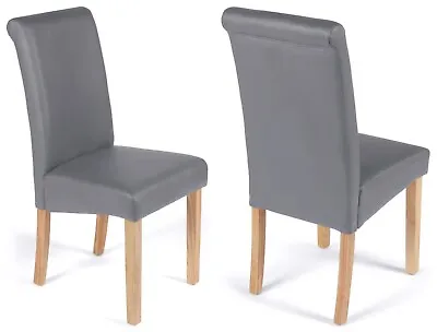 2 Grey Faux Leather York Roll Top Dining Chairs Oak Stain Leg VSlight 2nds • £69.99