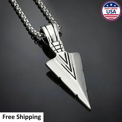 Mens Spear Necklace Arrow Head Pendant Silver Stainless Steel With Chain • $0.20