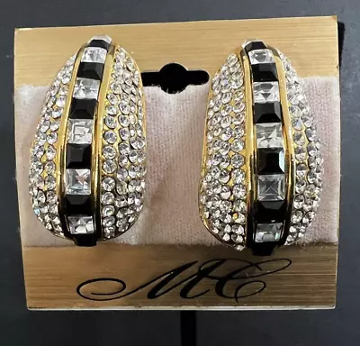 Vintage Chunky Gold Tone Black & Clear Rhinestone Statement Clip-on Earrings  • $19.99