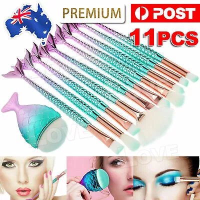 11 X Mermaid Makeup Brushes Set Fish Tail Foundation Eyeshadow Cosmetic Brush • $7.95