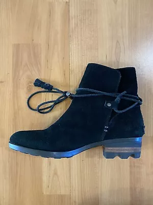 Sorel Farah Ankle Boots Black Suede Slip Tie Winter Booties Tassels -Size 7 • $24.43