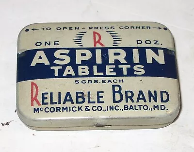 Reliable Brand Aspirin Tablets Medicine Tin RARE McCormick & Co Inc Baltimore MD • $19.99