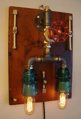 Steampunk Lamp Wall Sconce - Industrial Edison Bulbs Glass Insulators Brass  • $399.99