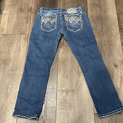 Miss Me Jeans Size 28 Easy Crop Mid Rise Embellished Bling Blue Denim Stretch • $24.95