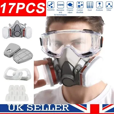 6200 Half Face 17 IN 1 Gas Mask Chemical Vapor Paint Spray Respirator + Filter • £9.79