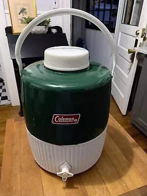 Vintage Coleman Water Cooler Jug Dispenser + Cup Green Metallic & White Plastic • $27