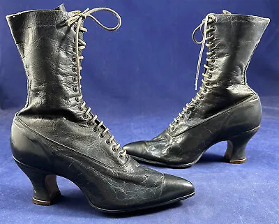 Victorian Unworn Charcoal Gray Leather High Top Lace-up Boots French Spool Heels • $119.99