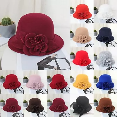 Women's Elegant Flower Wool Cloche Bucket Bowler Hat Winter Floral Fedora Hats • $30.59