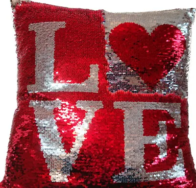 Red And Silver LOVE Reversible Sequin Scatter Cushion Complete With Insert • £8.50