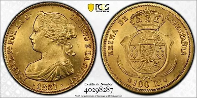 Spain 1857 Gold 100 Reales Flipover Double/Parti  Collar PCGS MS-65 MINT ERROR!! • $2595