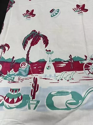 VTG SOUTHWEST TABLE CLOTH 30s 40s 50s Farmhouse MCM. Mexico Burro People • $20