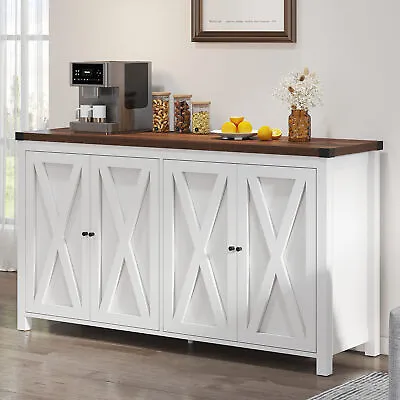 55'' Farmhouse Sideboard Buffet Storage Cabinet With Adjustable Shelves 4 Doors • $170.51