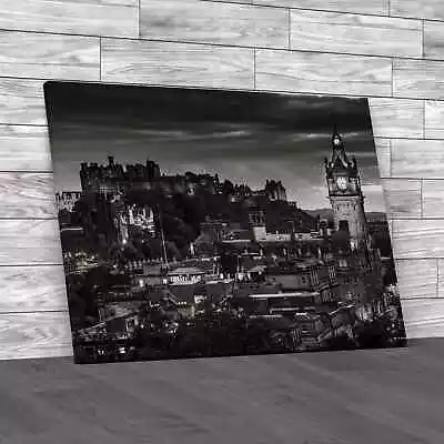 Edinburgh Castle And Cityscape At Night Black White Canvas Print Large Picture • £14.95