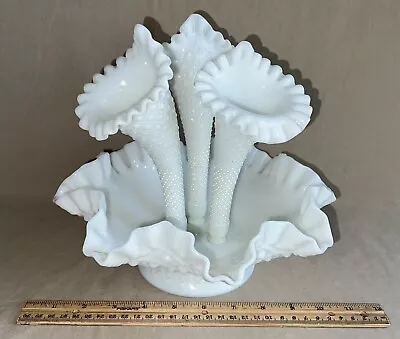 Vintage Fenton Milk White Art Glass Diamond Lace Hobnail 3 Horn Epergne Vase • $13