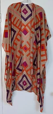 Michael Stars Printed Kimono Geometric Orange Purple Sheer Wrap Coverup Viscose • $28.95