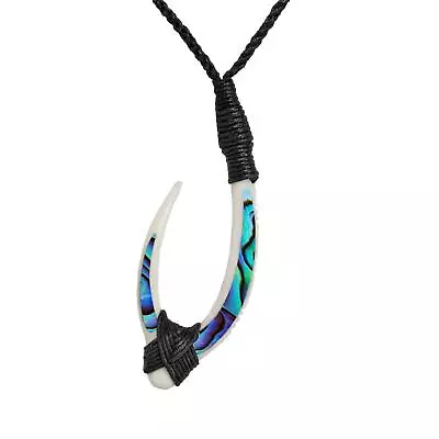 Bovine Bone Pendant Abalone Shell Long Maori Hei Matau Necklace - 81stgeneration • $36.19