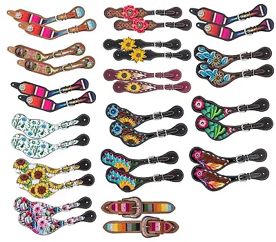 Western Spur Straps - Leather - Painted - Cactus Sunflowers Serape - 16 Prints • $35.89