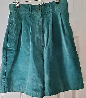 Suede Leather Shorts Women's 10 Teal High Waist Pleated Retro 80's David Hollis • $28