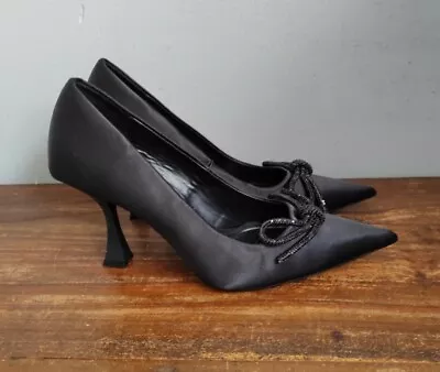 Black Satin Look Court Shoes Size UK 8 EU 41 Glittery Bow Party Wedding ZARA • £10