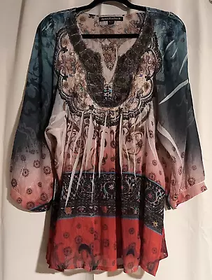 Mushka Sienna Rose Inc. Colorful Boho Beaded Hippy Blouse Women’s Size Large • $18.95