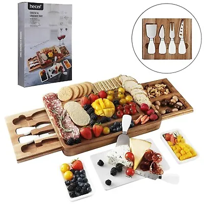 £39.99 • Buy Acacia Wood Cheese Board Knife Set W/ 2 Slide-Out Drawer Marble Charcuterie Tray