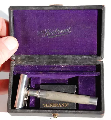 RARE Vintage Herbrand Single Edge Silver Safety Razor Leather Box Extra Blade • $28