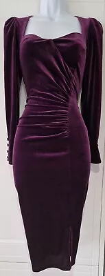 Womens Monsoon Wine Draped Puff Sleeve Velvet Formal Evening Bodycon Dress 8 New • $47.47