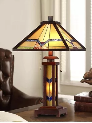 25.6  3 Light Vintage Style Stained Glass Wood Mission Table Lamp • $229.90