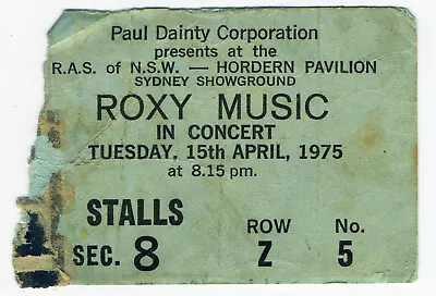 Rare 1975 Roxy Music Concert Ticket Stub - Hordern Pavilion Sydney • $200