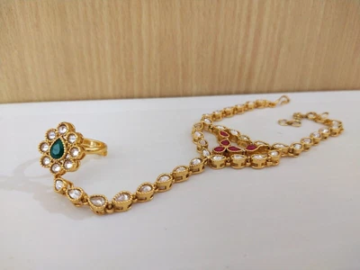 £17.22 • Buy Indian Temple Jewelry Hath Punja Bollywood Ethnic Gold Plated Bracelet With Ring