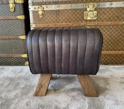 Black Leather Stool / Footstool Wood Legs Pommel Horse Style Retro Vintage • $113.68