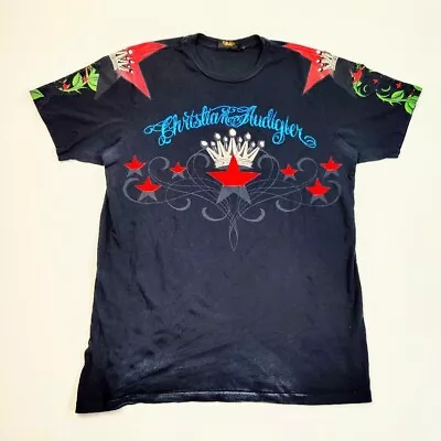 Christian Audigier T Shirt Men's L Black Red Blue Tattoo Graphic Da Heat Vintage • $32.50